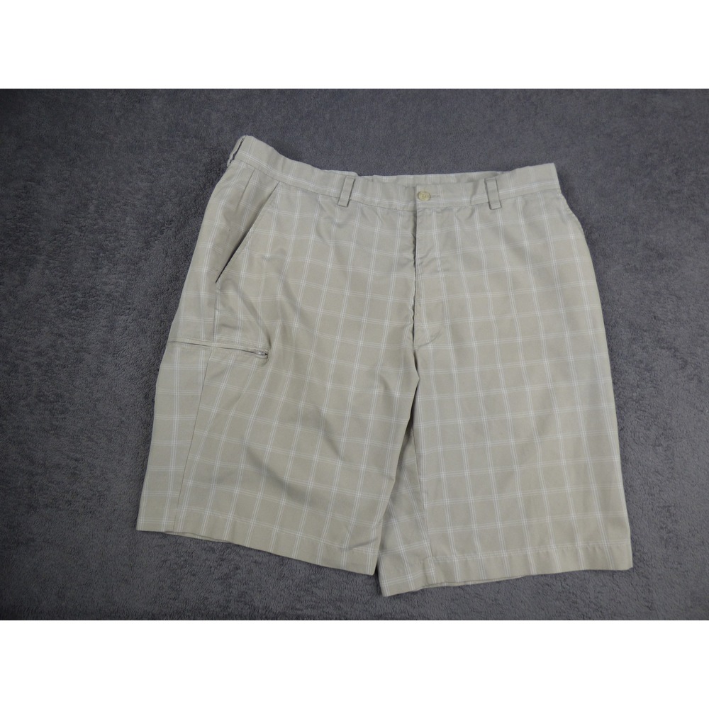 Mens Tan Plaid Golf Shorts Size 36 Performance Polyester Flat Front Windowpane